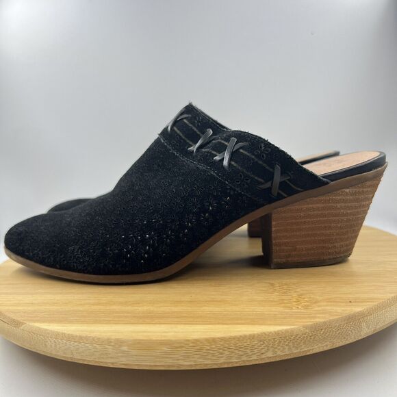 Frye & Co. Suede Leather Perforated Mule Jacy Black Sz 9M Floral Block Heel Shoe - Picture 5 of 11